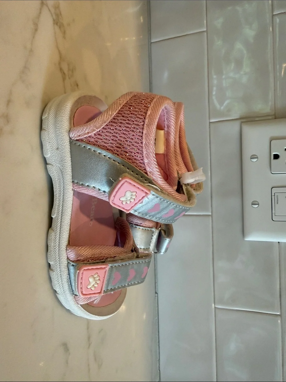 Kids Pink & Silver Heart Strap Sandals